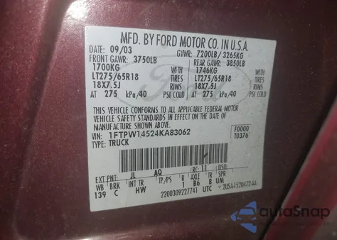 2004 Ford F150 Fx4/Lariat/Xlt z USA, uszkodzony, nr VIN 1FTPW14524KA83062